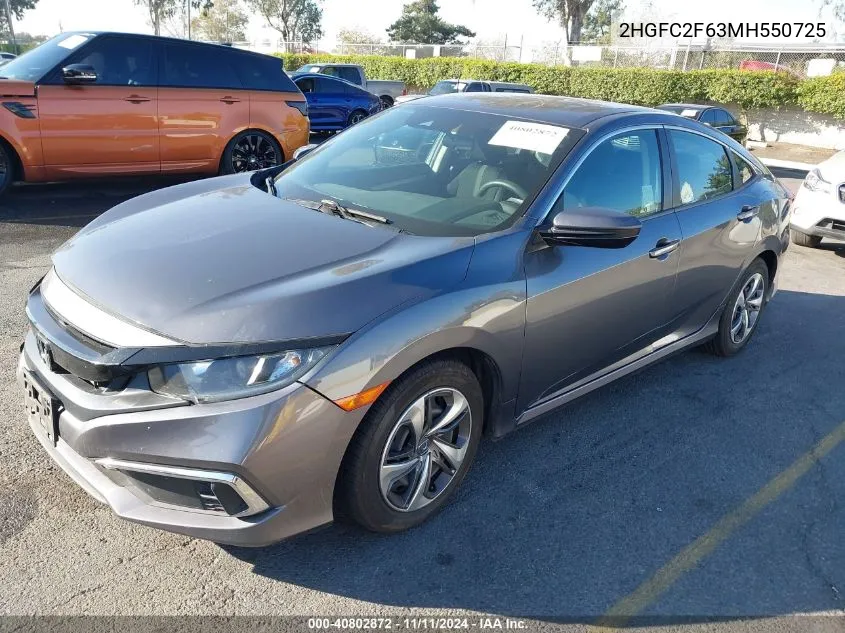 2021 Honda Civic Lx VIN: 2HGFC2F63MH550725 Lot: 40802872