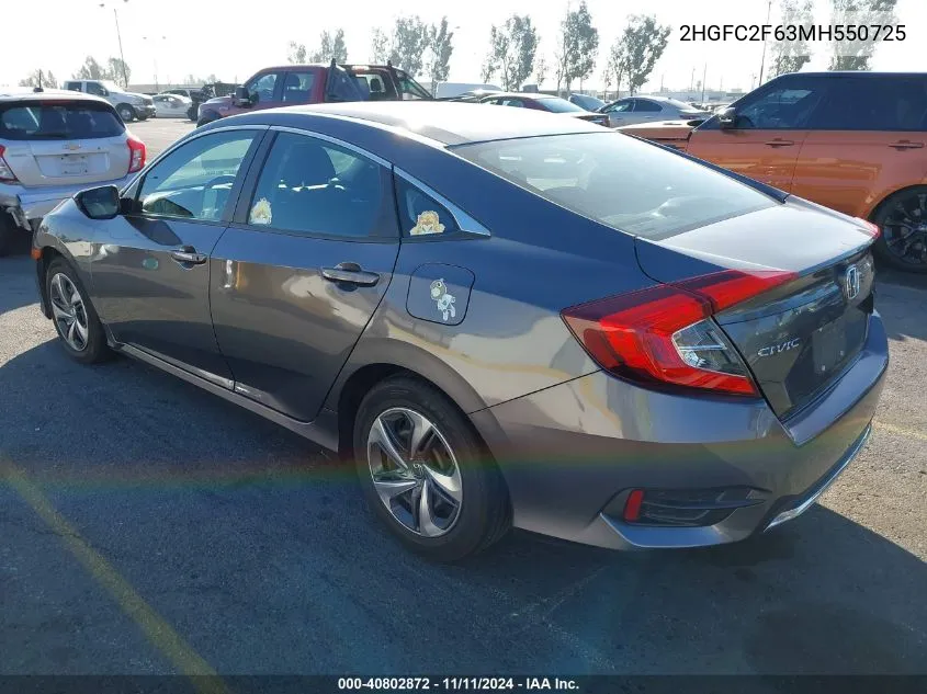 2021 Honda Civic Lx VIN: 2HGFC2F63MH550725 Lot: 40802872