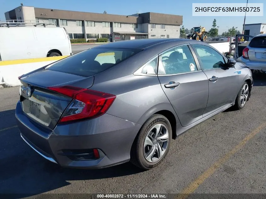 2021 Honda Civic Lx VIN: 2HGFC2F63MH550725 Lot: 40802872