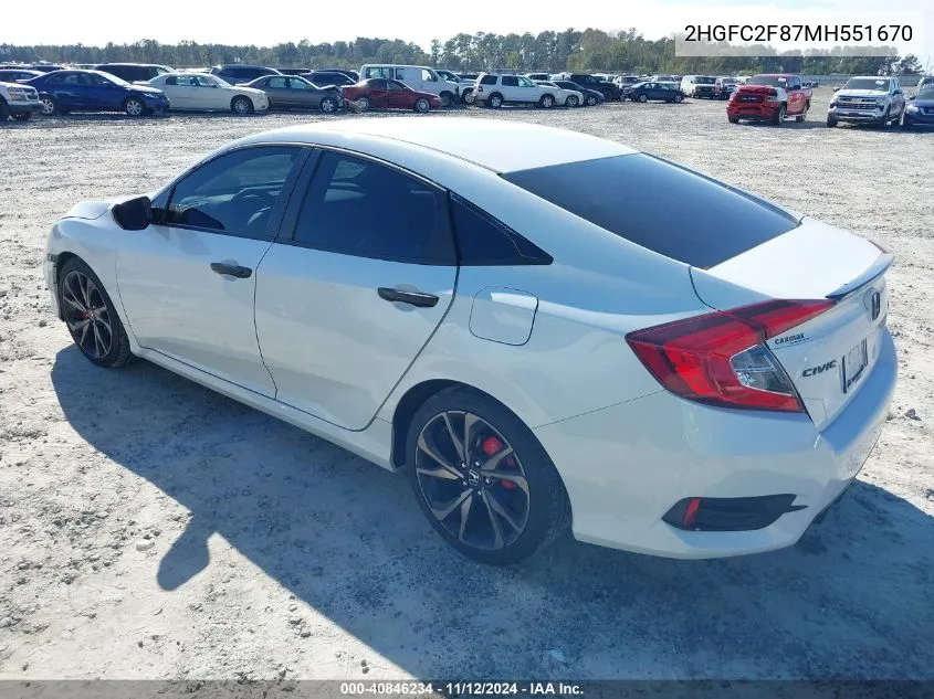 2021 Honda Civic Sport VIN: 2HGFC2F87MH551670 Lot: 40846234