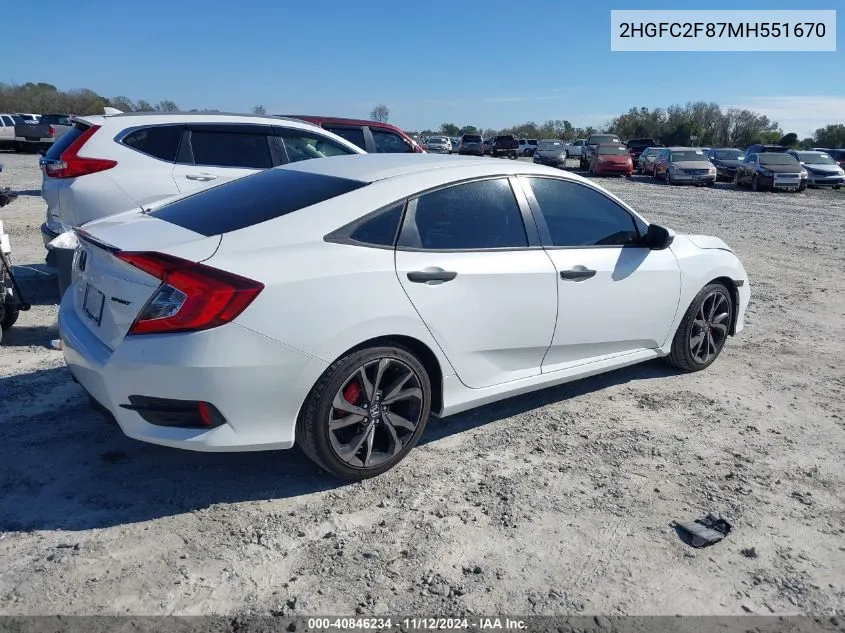 2021 Honda Civic Sport VIN: 2HGFC2F87MH551670 Lot: 40846234