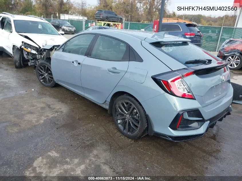 2021 Honda Civic Sport VIN: SHHFK7H45MU402560 Lot: 40863873