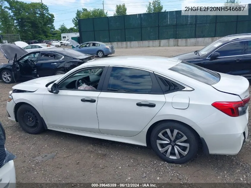 2022 Honda Civic Lx VIN: 2HGFE2F20NH546687 Lot: 39645359