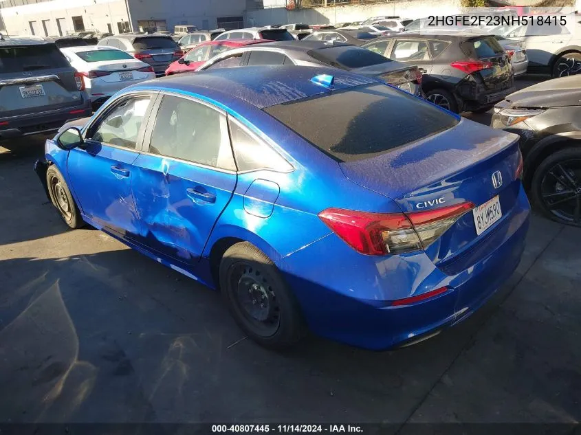 2022 Honda Civic Lx VIN: 2HGFE2F23NH518415 Lot: 40807445