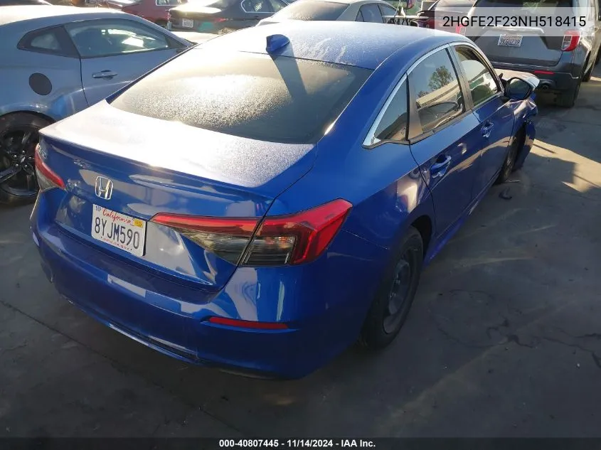 2022 Honda Civic Lx VIN: 2HGFE2F23NH518415 Lot: 40807445