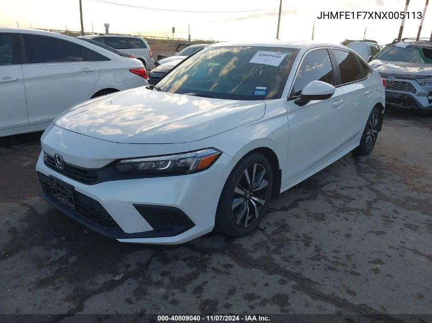 2022 Honda Civic Ex VIN: JHMFE1F7XNX005113 Lot: 40809040