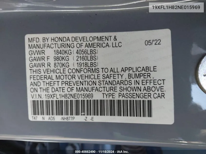 2022 Honda Civic Sport Touring VIN: 19XFL1H82NE015969 Lot: 40882490