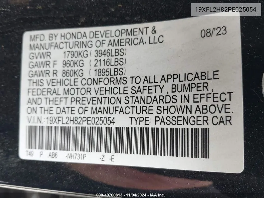 2023 Honda Civic Sport VIN: 19XFL2H82PE025054 Lot: 40760813