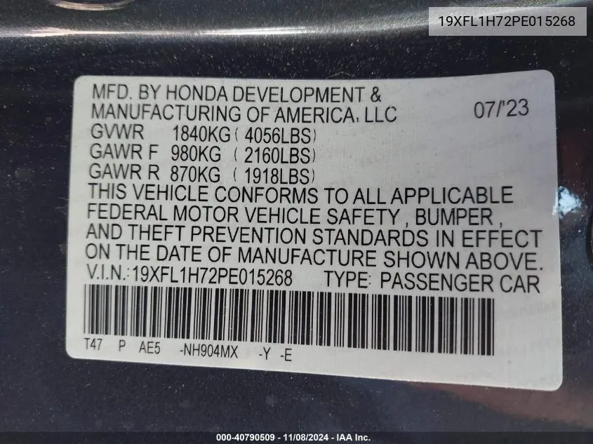 2023 Honda Civic Ex-L /Ex-L W/O Bsi VIN: 19XFL1H72PE015268 Lot: 40790509