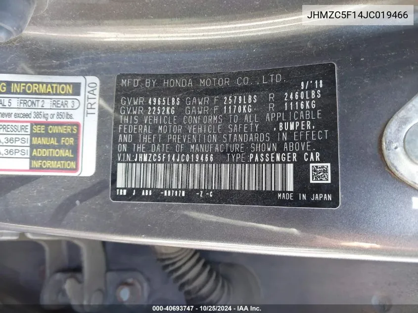 JHMZC5F14JC019466 2018 Honda Clarity Plug-In Hybrid