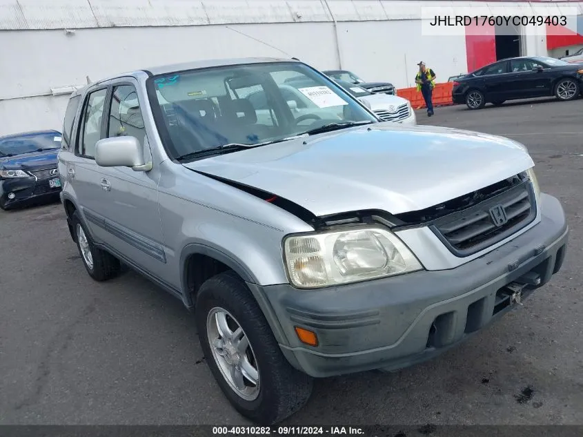 2000 Honda Cr-V Ex VIN: JHLRD1760YC049403 Lot: 40310282