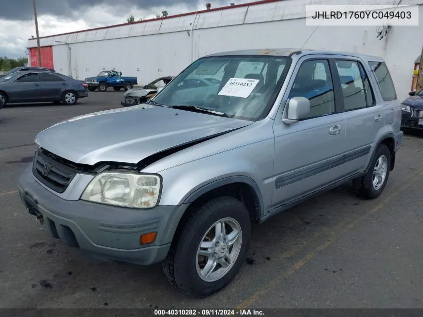 2000 Honda Cr-V Ex VIN: JHLRD1760YC049403 Lot: 40310282