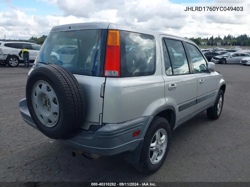 2000 Honda Cr-V Ex VIN: JHLRD1760YC049403 Lot: 40310282