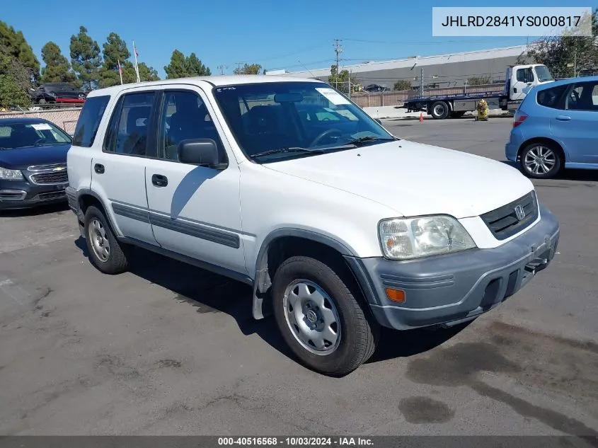 2000 Honda Cr-V Lx VIN: JHLRD2841YS000817 Lot: 40516568