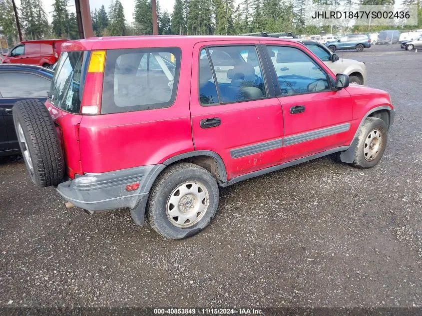 2000 Honda Cr-V Lx VIN: JHLRD1847YS002436 Lot: 40853849