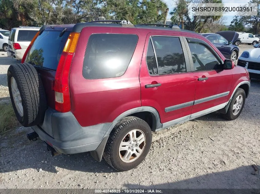 2002 Honda Cr-V Ex VIN: SHSRD78892U003961 Lot: 40745925