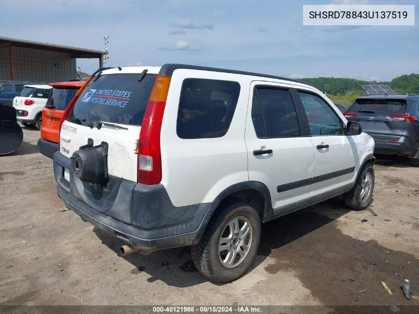 2003 Honda Cr-V Ex VIN: SHSRD78843U137519 Lot: 40121988