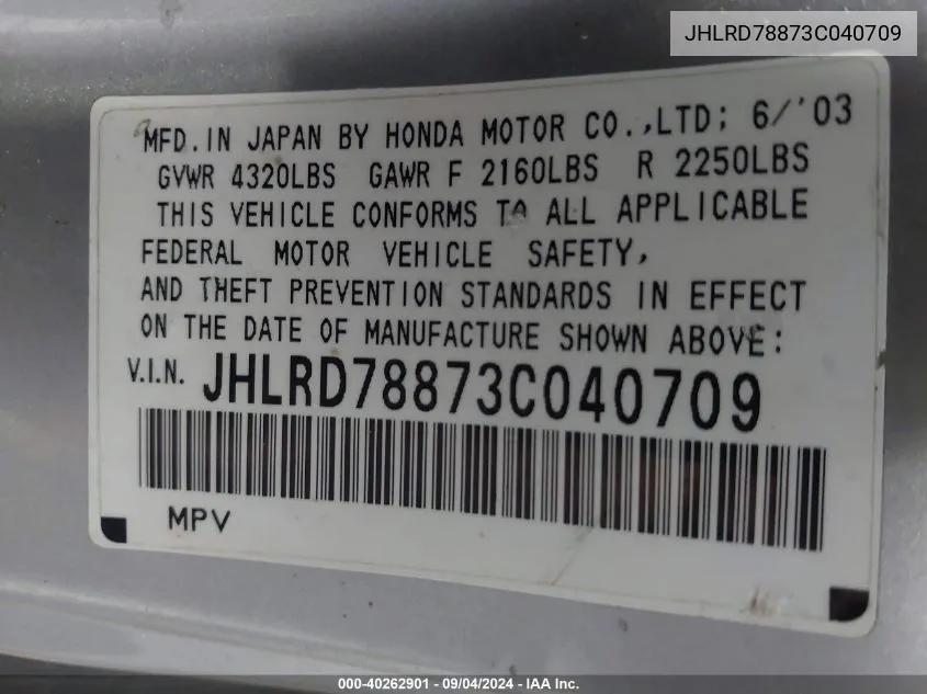 JHLRD78873C040709 2003 Honda Cr-V Ex