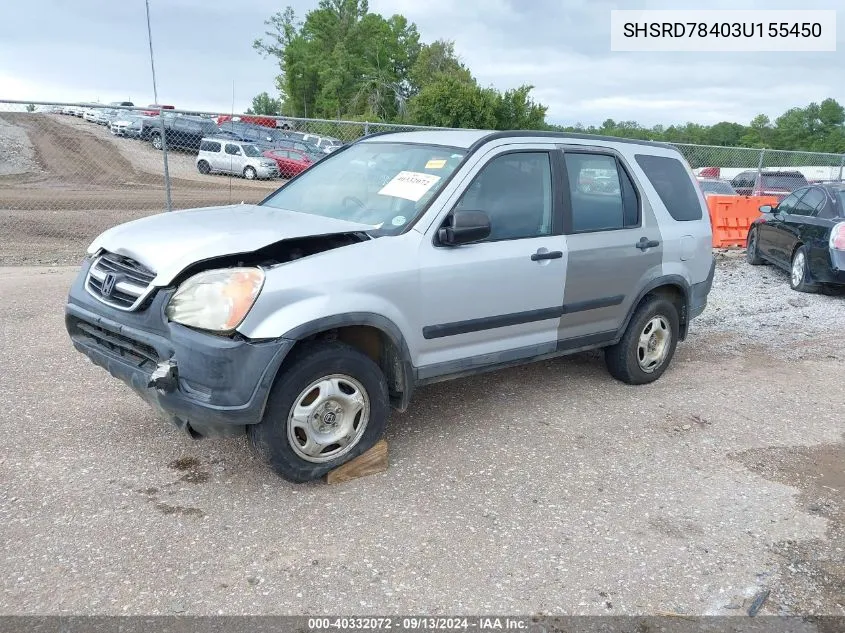 2003 Honda Cr-V Lx VIN: SHSRD78403U155450 Lot: 40332072