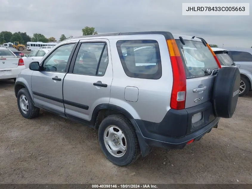 2003 Honda Cr-V Lx VIN: JHLRD78433C005663 Lot: 40398146