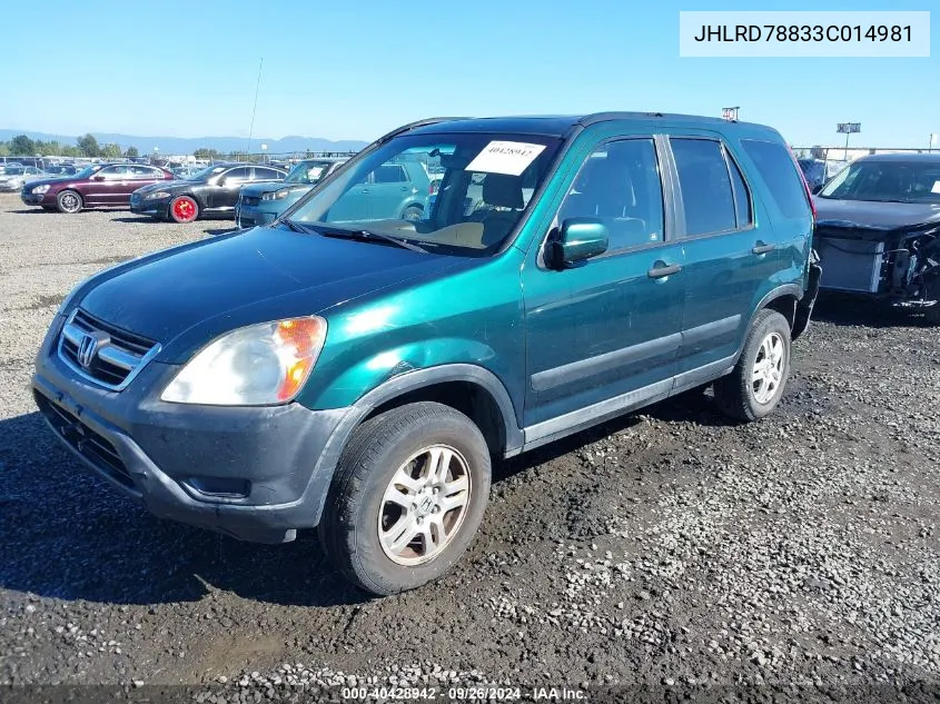 2003 Honda Cr-V Ex VIN: JHLRD78833C014981 Lot: 40428942