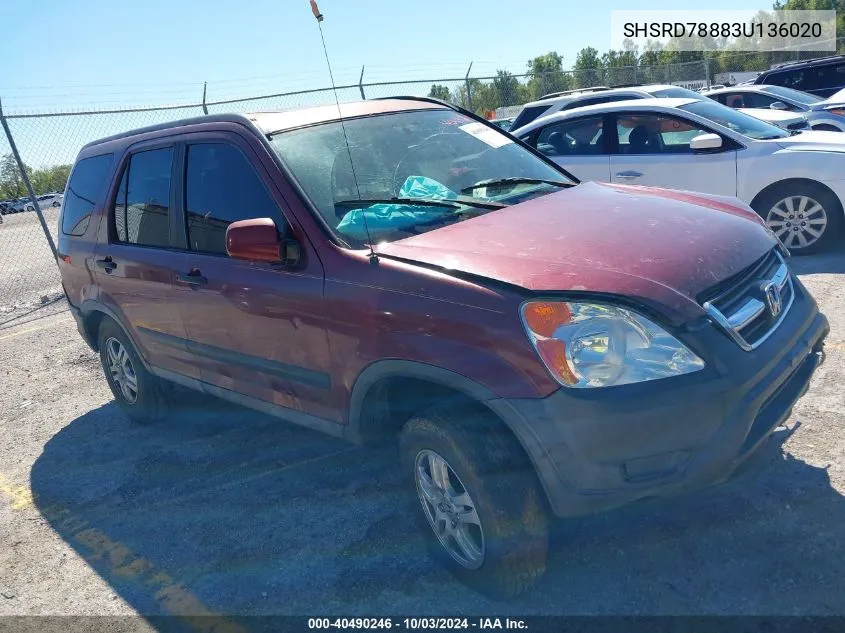 2003 Honda Cr-V Ex VIN: SHSRD78883U136020 Lot: 40490246