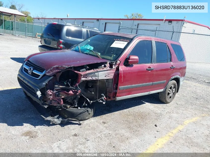 2003 Honda Cr-V Ex VIN: SHSRD78883U136020 Lot: 40490246