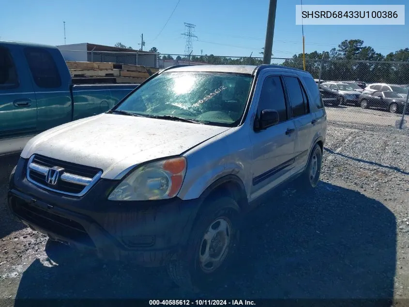 2003 Honda Cr-V Lx VIN: SHSRD68433U100386 Lot: 40585612