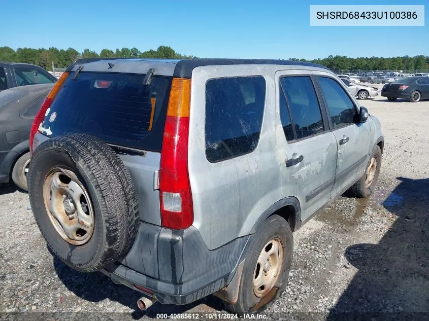 2003 Honda Cr-V Lx VIN: SHSRD68433U100386 Lot: 40585612