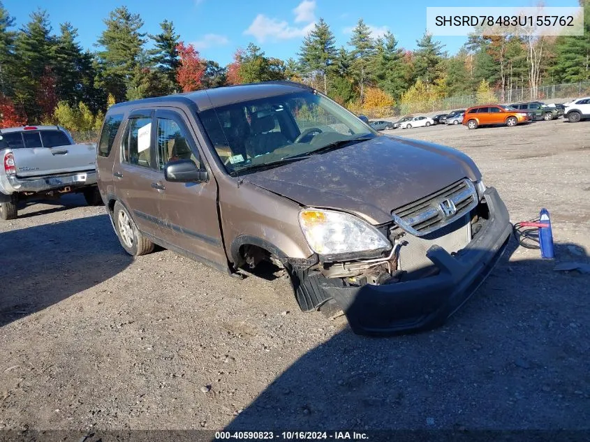 2003 Honda Cr-V Lx VIN: SHSRD78483U155762 Lot: 40590823