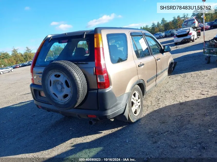 2003 Honda Cr-V Lx VIN: SHSRD78483U155762 Lot: 40590823