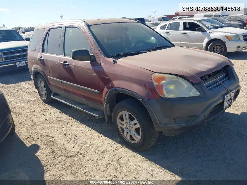 2003 Honda Cr-V Ex VIN: SHSRD78863U148618 Lot: 40708403