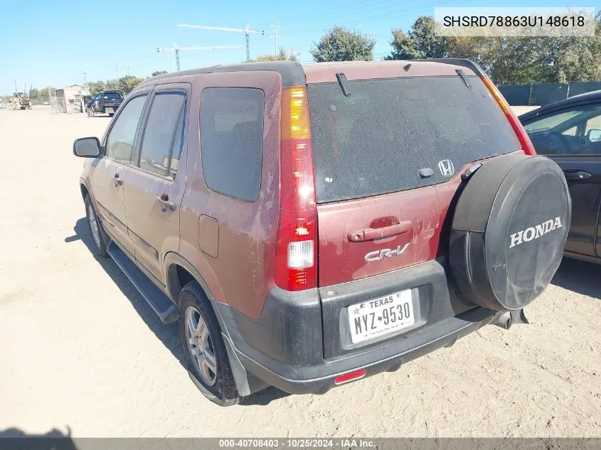 2003 Honda Cr-V Ex VIN: SHSRD78863U148618 Lot: 40708403