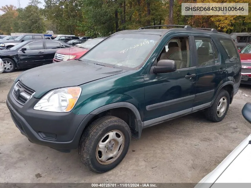 2003 Honda Cr-V Lx VIN: SHSRD68433U100646 Lot: 40725701