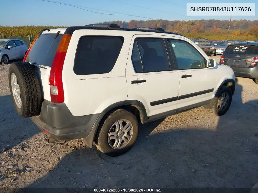 2003 Honda Cr-V Ex VIN: SHSRD78843U117626 Lot: 40726255