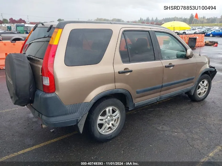 2003 Honda Cr-V Ex VIN: SHSRD78853U100494 Lot: 40749393