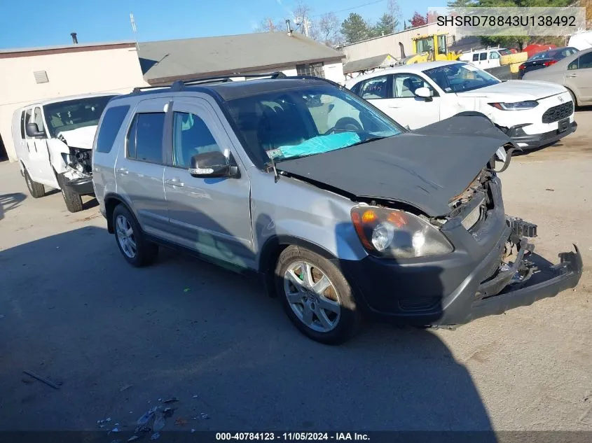 2003 Honda Cr-V Ex VIN: SHSRD78843U138492 Lot: 40784123