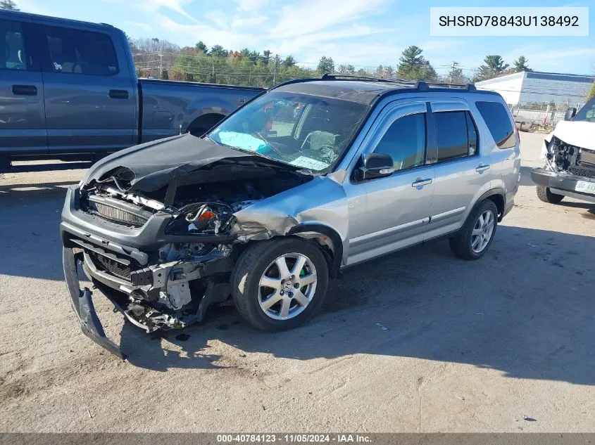 2003 Honda Cr-V Ex VIN: SHSRD78843U138492 Lot: 40784123