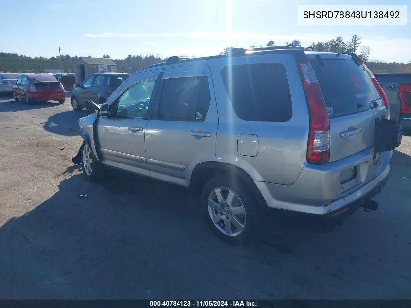 2003 Honda Cr-V Ex VIN: SHSRD78843U138492 Lot: 40784123