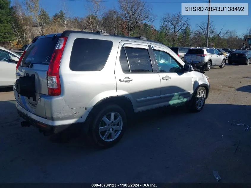 2003 Honda Cr-V Ex VIN: SHSRD78843U138492 Lot: 40784123