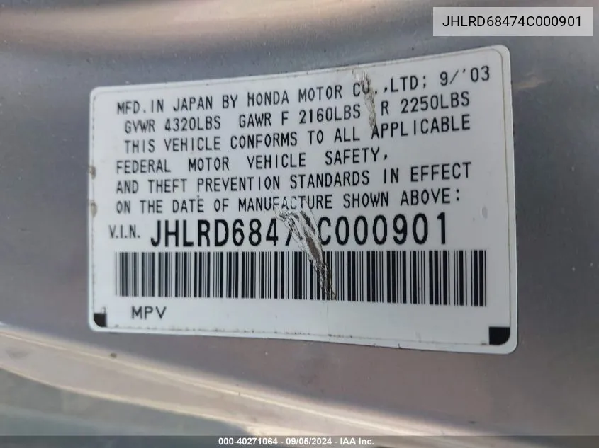 JHLRD68474C000901 2004 Honda Cr-V Lx