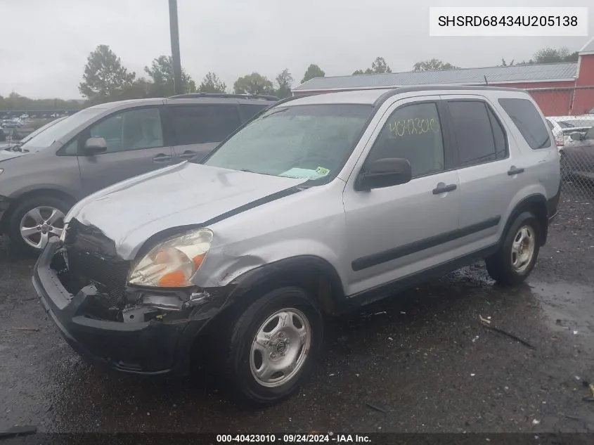 2004 Honda Cr-V Lx VIN: SHSRD68434U205138 Lot: 40423010