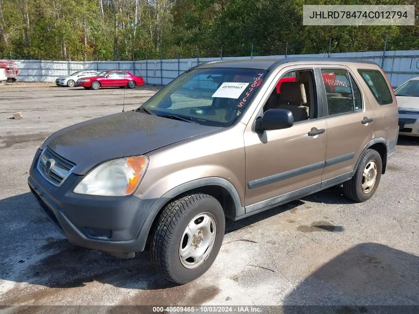 2004 Honda Cr-V Lx VIN: JHLRD78474C012794 Lot: 40509465