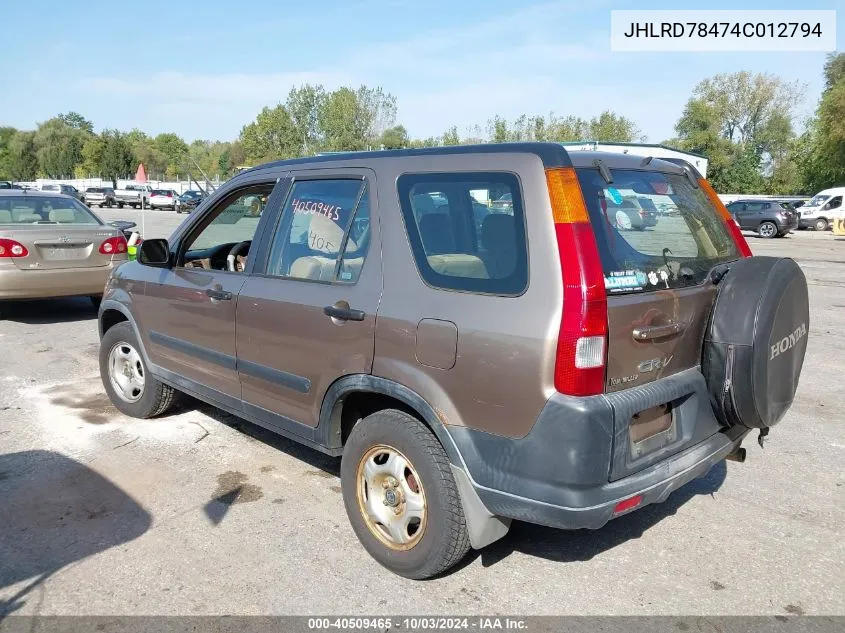 2004 Honda Cr-V Lx VIN: JHLRD78474C012794 Lot: 40509465