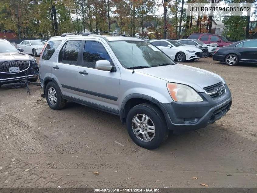 2004 Honda Cr-V Ex VIN: JHLRD78894C051602 Lot: 40723618