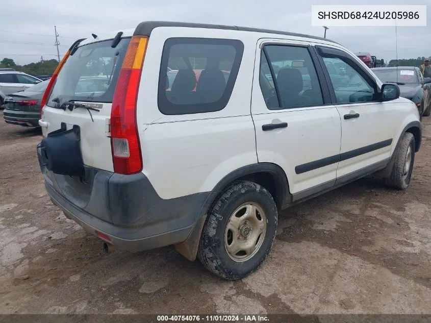 2004 Honda Cr-V Lx VIN: SHSRD68424U205986 Lot: 40754076