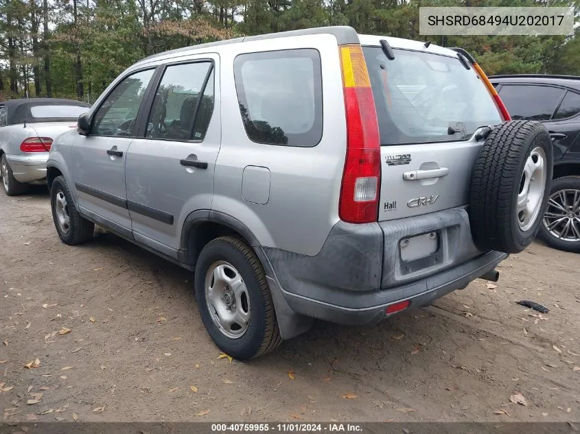 2004 Honda Cr-V Lx VIN: SHSRD68494U202017 Lot: 40759955