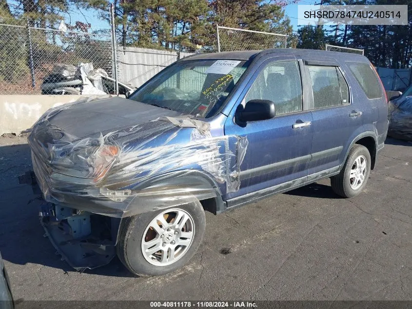 2004 Honda Cr-V Lx VIN: SHSRD78474U240514 Lot: 40811178