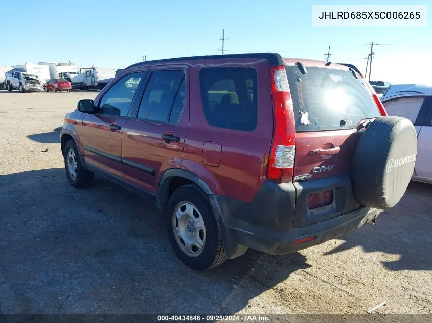 2005 Honda Cr-V Lx VIN: JHLRD685X5C006265 Lot: 40434848