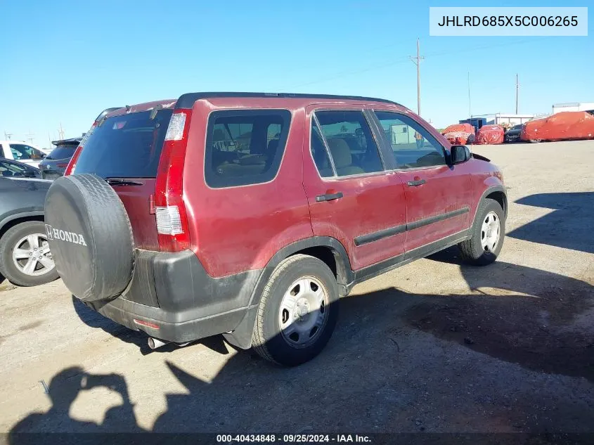 2005 Honda Cr-V Lx VIN: JHLRD685X5C006265 Lot: 40434848